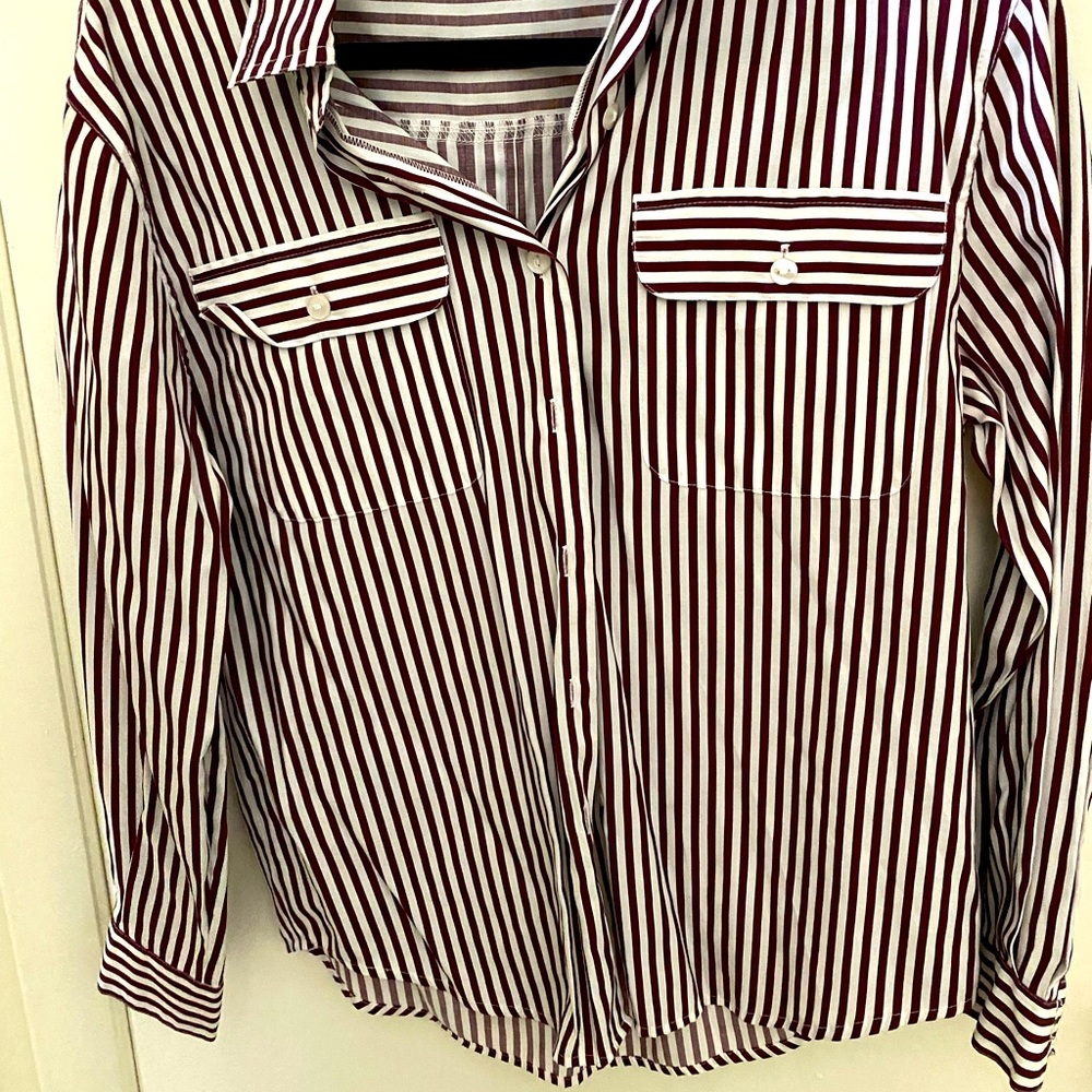 Burgundy and white stripped button down blouse